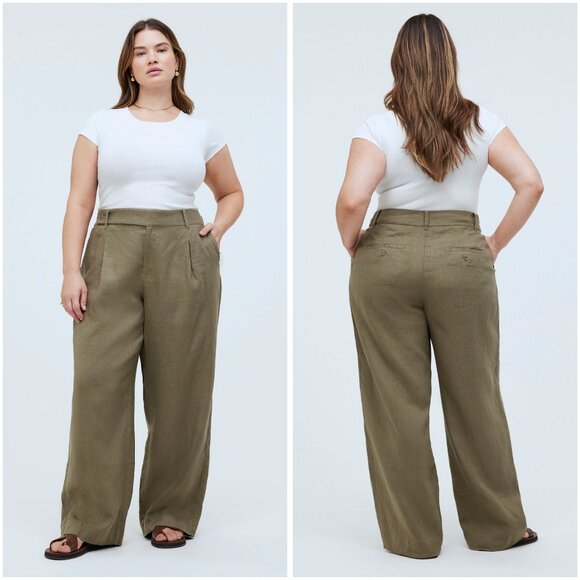 Madewell Pants - Madewell The Harlow Wide-Leg Pant 100% Linen in Olive Green Size 14 Petite